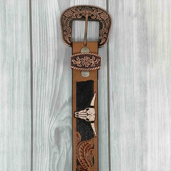 Western Floral Leather Belt For Men or Women, Embossed Tooled Full Grain Leather - Picture 5 of 12
